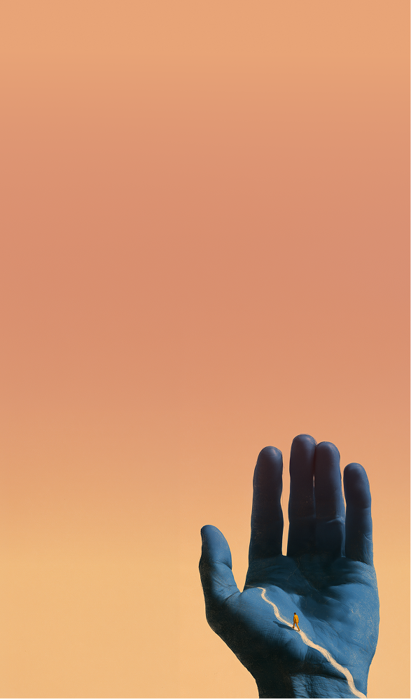 Una grande mano blu tesa verso l'alto, una piccola persona cammina lungo il sentiero sul palmo