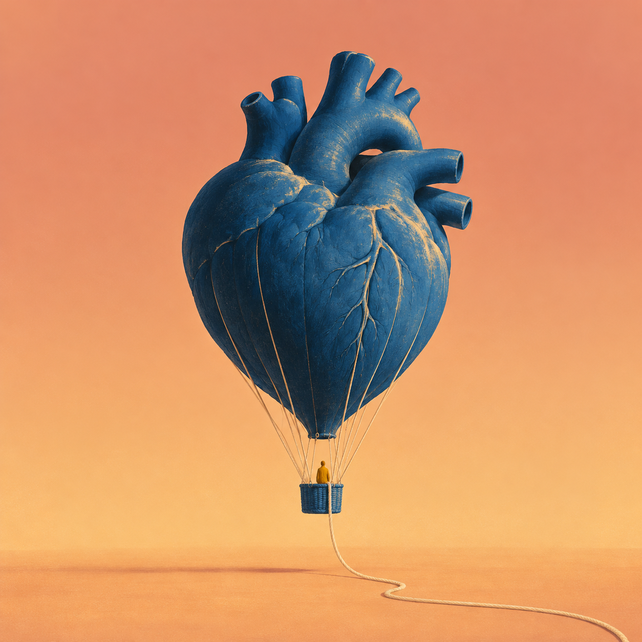 Una mongolfiera a forma di cuore blu solleva una piccola persona