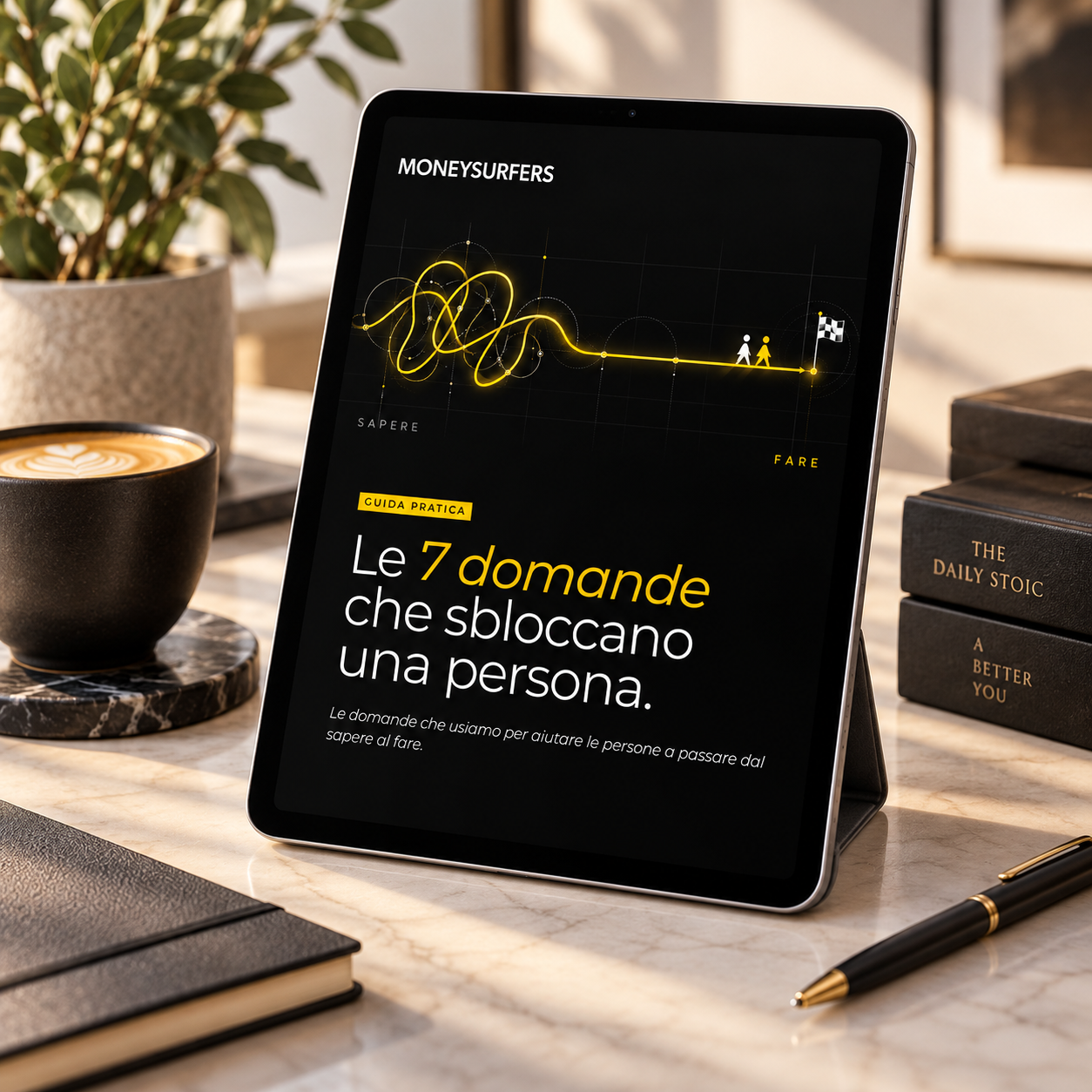 La guida «Le 7 domande che sbloccano una persona» su un tablet