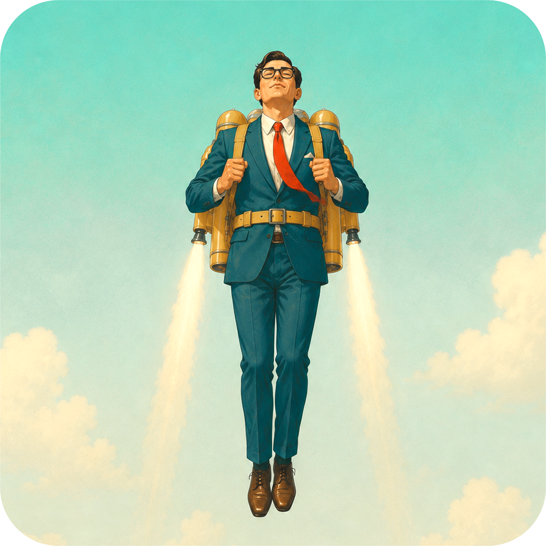 Uomo in giacca e cravatta che vola con un jetpack